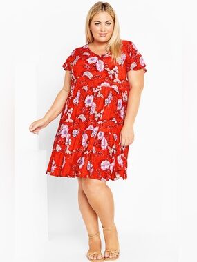 Avenue Bright Red Floral  Unwind Tiers Dress with flutter sleeves. 20